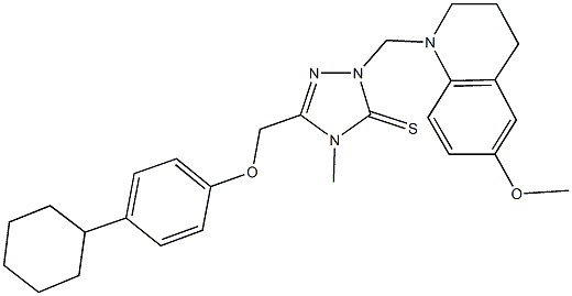 5-[(4-cyclohexylphenoxy)methyl]-2-[(6-methoxy-3,4-dihydro-1(2H)-quinolinyl)methyl]-4-methyl-2,4-dihydro-3H-1,2,4-triazole-3-thione 结构式