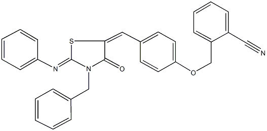 2-[(4-{[3-benzyl-4-oxo-2-(phenylimino)-1,3-thiazolidin-5-ylidene]methyl}phenoxy)methyl]benzonitrile 结构式