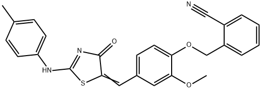 2-{[2-methoxy-4-({2-[(4-methylphenyl)imino]-4-oxo-1,3-thiazolidin-5-ylidene}methyl)phenoxy]methyl}benzonitrile 结构式