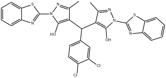 1-(1,3-benzothiazol-2-yl)-4-[[1-(1,3-benzothiazol-2-yl)-5-hydroxy-3-methyl-1H-pyrazol-4-yl](3,4-dichlorophenyl)methyl]-3-methyl-1H-pyrazol-5-ol 结构式