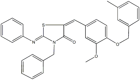 3-benzyl-5-{3-methoxy-4-[(3-methylbenzyl)oxy]benzylidene}-2-(phenylimino)-1,3-thiazolidin-4-one 结构式