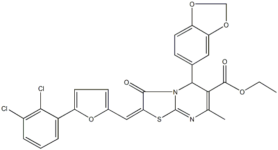 ethyl 5-(1,3-benzodioxol-5-yl)-2-{[5-(2,3-dichlorophenyl)-2-furyl]methylene}-7-methyl-3-oxo-2,3-dihydro-5H-[1,3]thiazolo[3,2-a]pyrimidine-6-carboxylate 结构式