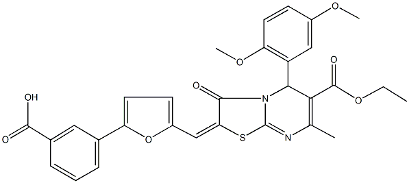 3-{5-[(5-(2,5-dimethoxyphenyl)-6-(ethoxycarbonyl)-7-methyl-3-oxo-5H-[1,3]thiazolo[3,2-a]pyrimidin-2(3H)-ylidene)methyl]-2-furyl}benzoic acid 结构式