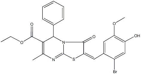 ethyl 2-(2-bromo-4-hydroxy-5-methoxybenzylidene)-7-methyl-3-oxo-5-phenyl-2,3-dihydro-5H-[1,3]thiazolo[3,2-a]pyrimidine-6-carboxylate 结构式