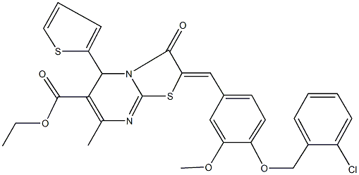 ethyl 2-{4-[(2-chlorobenzyl)oxy]-3-methoxybenzylidene}-7-methyl-3-oxo-5-(2-thienyl)-2,3-dihydro-5H-[1,3]thiazolo[3,2-a]pyrimidine-6-carboxylate 结构式