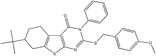 7-tert-butyl-2-[(4-methoxybenzyl)sulfanyl]-3-phenyl-5,6,7,8-tetrahydro[1]benzothieno[2,3-d]pyrimidin-4(3H)-one 结构式