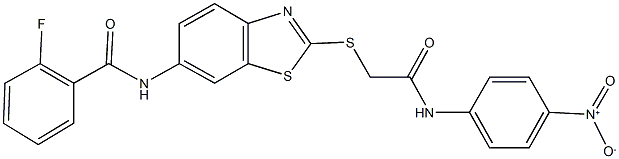 2-fluoro-N-{2-[(2-{4-nitroanilino}-2-oxoethyl)sulfanyl]-1,3-benzothiazol-6-yl}benzamide 结构式