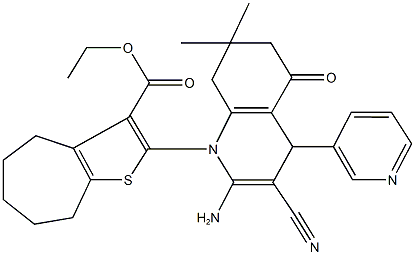 ethyl 2-(2-amino-3-cyano-7,7-dimethyl-5-oxo-4-(3-pyridinyl)-5,6,7,8-tetrahydro-1(4H)-quinolinyl)-5,6,7,8-tetrahydro-4H-cyclohepta[b]thiophene-3-carboxylate 结构式