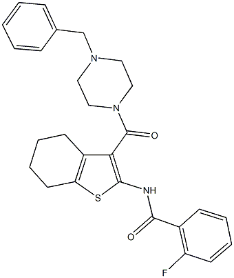 N-{3-[(4-benzyl-1-piperazinyl)carbonyl]-4,5,6,7-tetrahydro-1-benzothien-2-yl}-2-fluorobenzamide 结构式