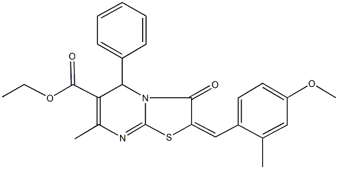 ethyl 2-(4-methoxy-2-methylbenzylidene)-7-methyl-3-oxo-5-phenyl-2,3-dihydro-5H-[1,3]thiazolo[3,2-a]pyrimidine-6-carboxylate 结构式