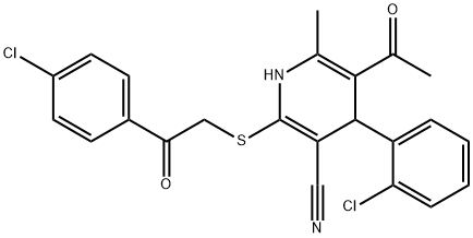 5-acetyl-4-(2-chlorophenyl)-2-{[2-(4-chlorophenyl)-2-oxoethyl]sulfanyl}-6-methyl-1,4-dihydro-3-pyridinecarbonitrile 结构式