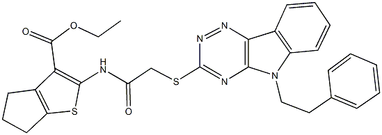 ethyl 2-[({[5-(2-phenylethyl)-5H-[1,2,4]triazino[5,6-b]indol-3-yl]sulfanyl}acetyl)amino]-5,6-dihydro-4H-cyclopenta[b]thiophene-3-carboxylate 结构式