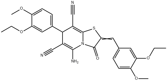 5-amino-2-(3-ethoxy-4-methoxybenzylidene)-7-(3-ethoxy-4-methoxyphenyl)-3-oxo-2,3-dihydro-7H-[1,3]thiazolo[3,2-a]pyridine-6,8-dicarbonitrile 结构式