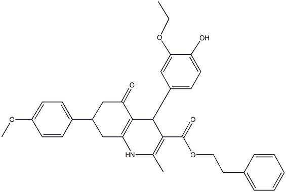 2-phenylethyl 4-(3-ethoxy-4-hydroxyphenyl)-7-(4-methoxyphenyl)-2-methyl-5-oxo-1,4,5,6,7,8-hexahydro-3-quinolinecarboxylate 结构式