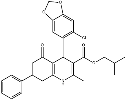 isobutyl 4-(6-chloro-1,3-benzodioxol-5-yl)-2-methyl-5-oxo-7-phenyl-1,4,5,6,7,8-hexahydro-3-quinolinecarboxylate 结构式