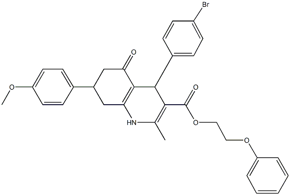 2-phenoxyethyl 4-(4-bromophenyl)-7-(4-methoxyphenyl)-2-methyl-5-oxo-1,4,5,6,7,8-hexahydro-3-quinolinecarboxylate 结构式