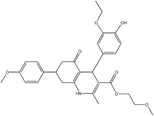 2-methoxyethyl 4-(3-ethoxy-4-hydroxyphenyl)-7-(4-methoxyphenyl)-2-methyl-5-oxo-1,4,5,6,7,8-hexahydro-3-quinolinecarboxylate 结构式