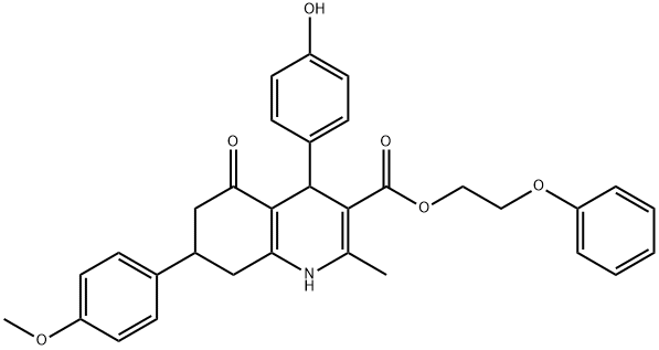 2-phenoxyethyl 4-(4-hydroxyphenyl)-7-(4-methoxyphenyl)-2-methyl-5-oxo-1,4,5,6,7,8-hexahydro-3-quinolinecarboxylate 结构式