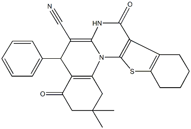 2,2-dimethyl-4,8-dioxo-5-phenyl-1,3,4,5,7,8,9,10,11,12-decahydro-2H-[1]benzothieno[3',2':5,6]pyrimido[1,2-a]quinoline-6-carbonitrile 结构式