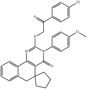 2-{[2-(4-chlorophenyl)-2-oxoethyl]sulfanyl}-3-(4-methoxyphenyl)-5,6-dihydrospiro(benzo[h]quinazoline-5,1'-cyclopentane)-4(3H)-one 结构式