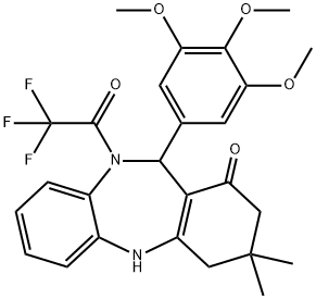 3,3-dimethyl-10-(trifluoroacetyl)-11-(3,4,5-trimethoxyphenyl)-2,3,4,5,10,11-hexahydro-1H-dibenzo[b,e][1,4]diazepin-1-one 结构式