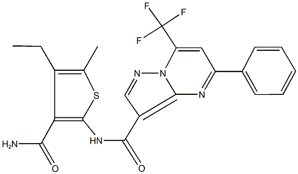 N-[3-(aminocarbonyl)-4-ethyl-5-methyl-2-thienyl]-5-phenyl-7-(trifluoromethyl)pyrazolo[1,5-a]pyrimidine-3-carboxamide 结构式