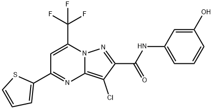 3-chloro-N-(3-hydroxyphenyl)-5-(2-thienyl)-7-(trifluoromethyl)pyrazolo[1,5-a]pyrimidine-2-carboxamide 结构式