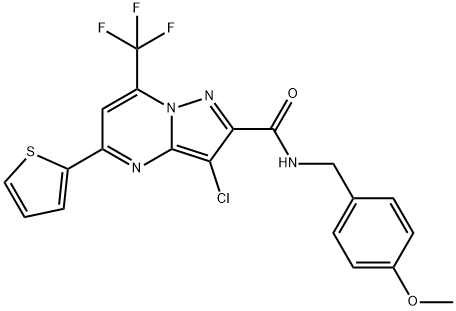 3-chloro-N-(4-methoxybenzyl)-5-(2-thienyl)-7-(trifluoromethyl)pyrazolo[1,5-a]pyrimidine-2-carboxamide 结构式