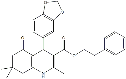 2-phenylethyl 4-(1,3-benzodioxol-5-yl)-2,7,7-trimethyl-5-oxo-1,4,5,6,7,8-hexahydro-3-quinolinecarboxylate 结构式