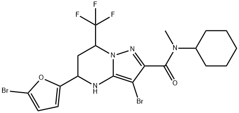 3-bromo-5-(5-bromo-2-furyl)-N-cyclohexyl-N-methyl-7-(trifluoromethyl)-4,5,6,7-tetrahydropyrazolo[1,5-a]pyrimidine-2-carboxamide 结构式