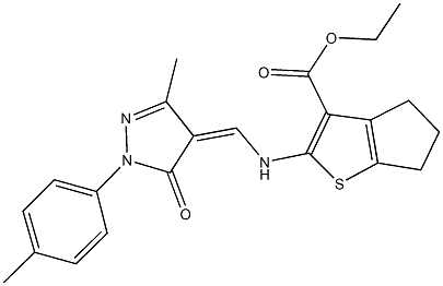 ethyl 2-({[3-methyl-1-(4-methylphenyl)-5-oxo-1,5-dihydro-4H-pyrazol-4-ylidene]methyl}amino)-5,6-dihydro-4H-cyclopenta[b]thiophene-3-carboxylate 结构式