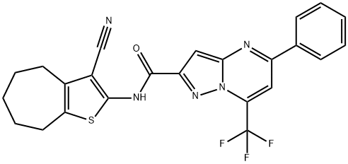 N-(3-cyano-5,6,7,8-tetrahydro-4H-cyclohepta[b]thien-2-yl)-5-phenyl-7-(trifluoromethyl)pyrazolo[1,5-a]pyrimidine-2-carboxamide 结构式