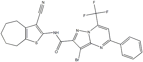 3-bromo-N-(3-cyano-5,6,7,8-tetrahydro-4H-cyclohepta[b]thien-2-yl)-5-phenyl-7-(trifluoromethyl)pyrazolo[1,5-a]pyrimidine-2-carboxamide 结构式