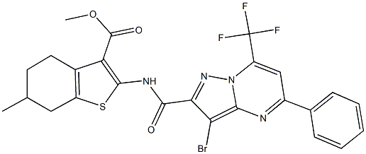 methyl 2-({[3-bromo-5-phenyl-7-(trifluoromethyl)pyrazolo[1,5-a]pyrimidin-2-yl]carbonyl}amino)-6-methyl-4,5,6,7-tetrahydro-1-benzothiophene-3-carboxylate 结构式