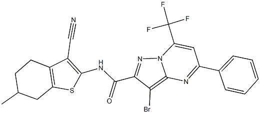 3-bromo-N-(3-cyano-6-methyl-4,5,6,7-tetrahydro-1-benzothien-2-yl)-5-phenyl-7-(trifluoromethyl)pyrazolo[1,5-a]pyrimidine-2-carboxamide 结构式