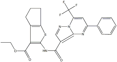 ethyl 2-({[5-phenyl-7-(trifluoromethyl)pyrazolo[1,5-a]pyrimidin-3-yl]carbonyl}amino)-5,6-dihydro-4H-cyclopenta[b]thiophene-3-carboxylate 结构式