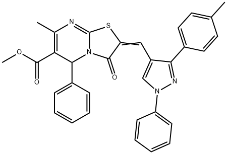 methyl 7-methyl-2-{[3-(4-methylphenyl)-1-phenyl-1H-pyrazol-4-yl]methylene}-3-oxo-5-phenyl-2,3-dihydro-5H-[1,3]thiazolo[3,2-a]pyrimidine-6-carboxylate 结构式