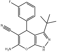 6-amino-3-(tert-butyl)-4-(3-fluorophenyl)-1,4-dihydropyrano[2,3-c]pyrazole-5-carbonitrile 结构式