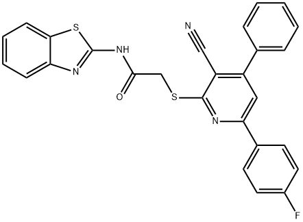 N-(1,3-benzothiazol-2-yl)-2-{[3-cyano-6-(4-fluorophenyl)-4-phenyl-2-pyridinyl]sulfanyl}acetamide 结构式