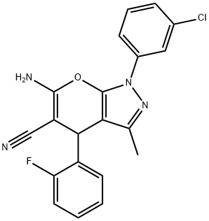 6-amino-1-(3-chlorophenyl)-4-(2-fluorophenyl)-3-methyl-1,4-dihydropyrano[2,3-c]pyrazole-5-carbonitrile 结构式