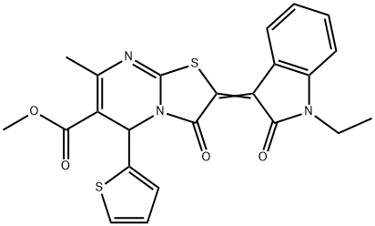 methyl 2-(1-ethyl-2-oxo-1,2-dihydro-3H-indol-3-ylidene)-7-methyl-3-oxo-5-(2-thienyl)-2,3-dihydro-5H-[1,3]thiazolo[3,2-a]pyrimidine-6-carboxylate 结构式