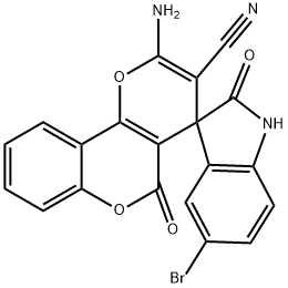 2-amino-5'-bromo-3-cyano-1',3'-dihydro-5-oxospiro[4H,5H-pyrano[3,2-c]chromene-4,3'-(2'H)-indol-2'-one] 结构式