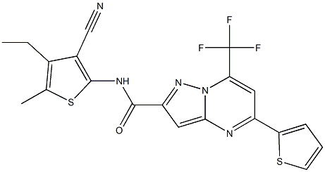 N-(3-cyano-4-ethyl-5-methyl-2-thienyl)-5-(2-thienyl)-7-(trifluoromethyl)pyrazolo[1,5-a]pyrimidine-2-carboxamide 结构式