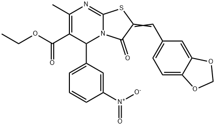 ethyl 2-(1,3-benzodioxol-5-ylmethylene)-5-{3-nitrophenyl}-7-methyl-3-oxo-2,3-dihydro-5H-[1,3]thiazolo[3,2-a]pyrimidine-6-carboxylate 结构式