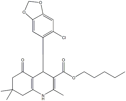pentyl 4-(6-chloro-1,3-benzodioxol-5-yl)-2,7,7-trimethyl-5-oxo-1,4,5,6,7,8-hexahydroquinoline-3-carboxylate 结构式