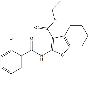 ethyl 2-[(2-chloro-5-iodobenzoyl)amino]-4,5,6,7-tetrahydro-1-benzothiophene-3-carboxylate 结构式