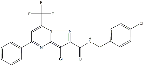 3-chloro-N-(4-chlorobenzyl)-5-phenyl-7-(trifluoromethyl)pyrazolo[1,5-a]pyrimidine-2-carboxamide 结构式