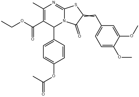 ethyl 5-[4-(acetyloxy)phenyl]-2-(3,4-dimethoxybenzylidene)-7-methyl-3-oxo-2,3-dihydro-5H-[1,3]thiazolo[3,2-a]pyrimidine-6-carboxylate 结构式