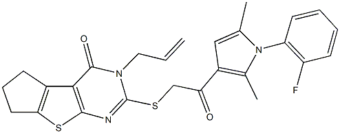 3-allyl-2-({2-[1-(2-fluorophenyl)-2,5-dimethyl-1H-pyrrol-3-yl]-2-oxoethyl}sulfanyl)-3,5,6,7-tetrahydro-4H-cyclopenta[4,5]thieno[2,3-d]pyrimidin-4-one 结构式