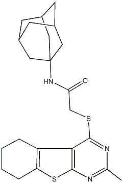 N-(1-adamantyl)-2-[(2-methyl-5,6,7,8-tetrahydro[1]benzothieno[2,3-d]pyrimidin-4-yl)sulfanyl]acetamide 结构式